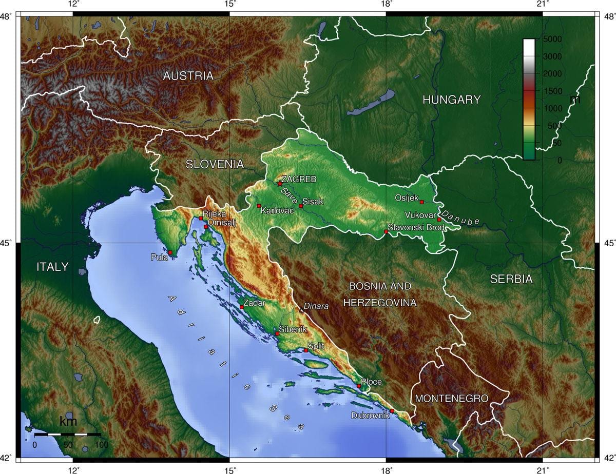 แผนที่ของโครเอเชีย topographic