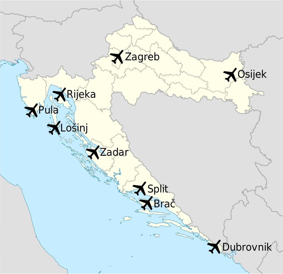 แผนที่ของโครเอเชียแสดงสนามบิน